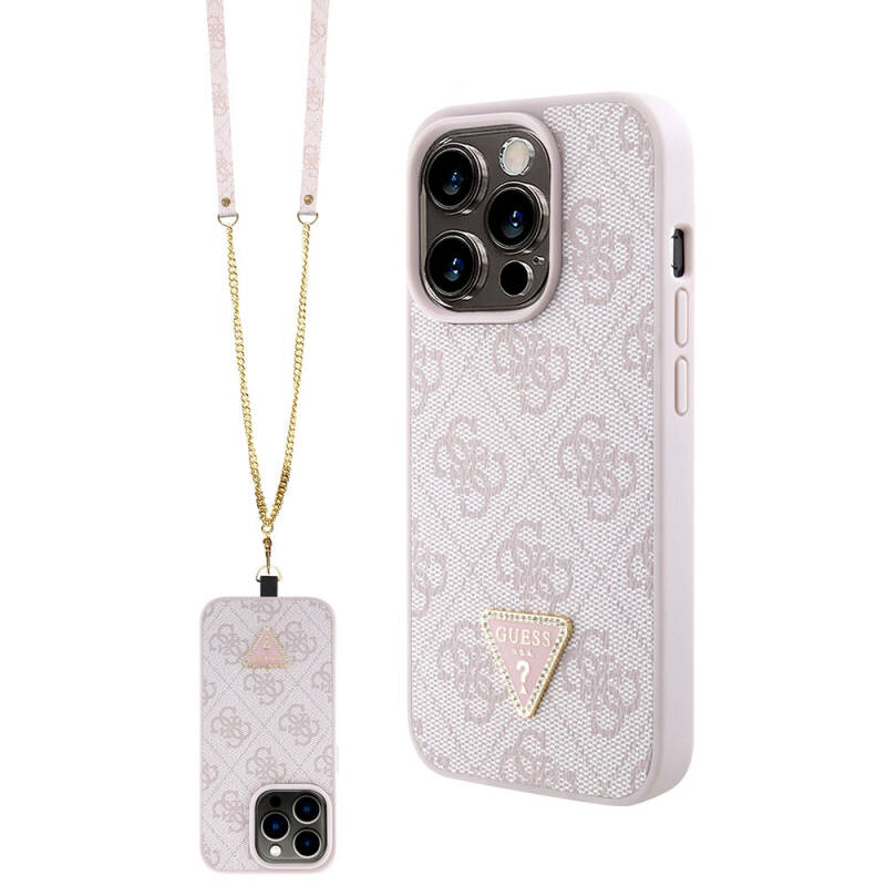 Apple iPhone 15 Pro Kılıf Guess Orjinal Lisanslı PU Deri Askılı Taşlı Üçgen Logo 4G Desenli Strass Crossbody Kapak - 1