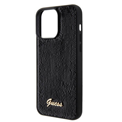 Apple iPhone 15 Pro Kılıf Guess Orjinal Lisanslı Pullu Arka Yüzey Metal Yazı Logolu Sequin Script Kapak - 15