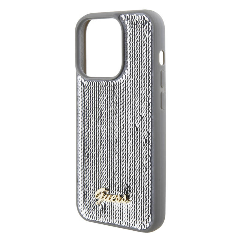 Apple iPhone 15 Pro Kılıf Guess Orjinal Lisanslı Pullu Arka Yüzey Metal Yazı Logolu Sequin Script Kapak - 23