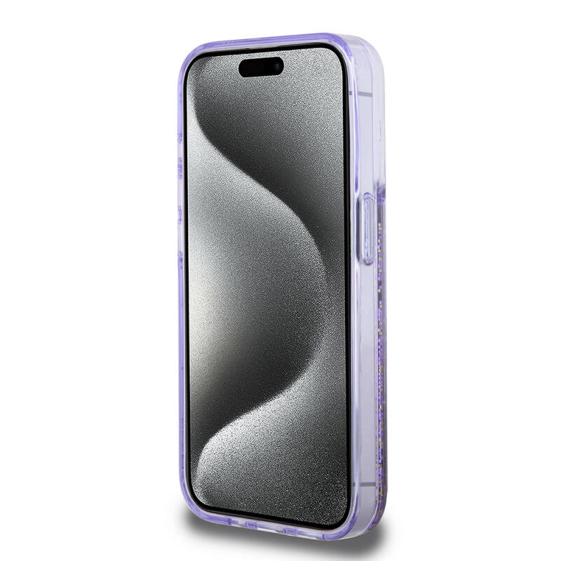 Apple iPhone 15 Pro Kılıf Guess Orjinal Lisanslı Transparan Sıvılı Simli Altın Çizgili Kapak - 14