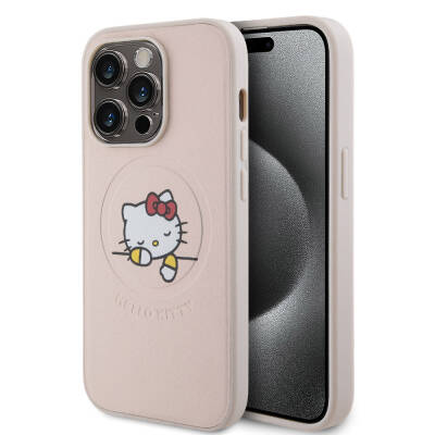 Apple iPhone 15 Pro Kılıf Hello Kitty Orjinal Lisanslı Magsafe Şarj Özellikli Baskı Logolu Uyuyan Kitty Deri Kapak - 1