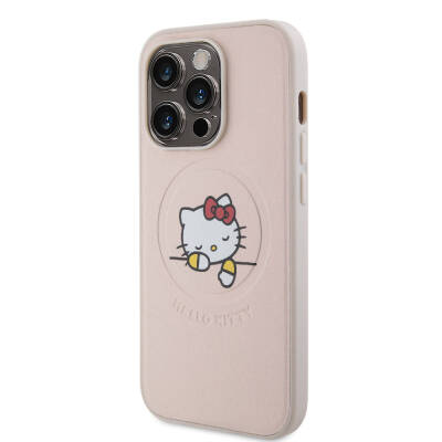 Apple iPhone 15 Pro Kılıf Hello Kitty Orjinal Lisanslı Magsafe Şarj Özellikli Baskı Logolu Uyuyan Kitty Deri Kapak - 2
