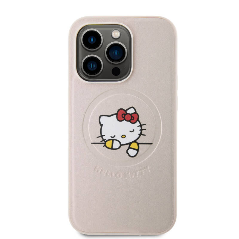 Apple iPhone 15 Pro Kılıf Hello Kitty Orjinal Lisanslı Magsafe Şarj Özellikli Baskı Logolu Uyuyan Kitty Deri Kapak - 3