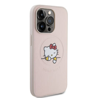 Apple iPhone 15 Pro Kılıf Hello Kitty Orjinal Lisanslı Magsafe Şarj Özellikli Baskı Logolu Uyuyan Kitty Deri Kapak - 4