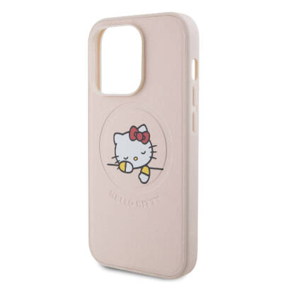 Apple iPhone 15 Pro Kılıf Hello Kitty Orjinal Lisanslı Magsafe Şarj Özellikli Baskı Logolu Uyuyan Kitty Deri Kapak - 6