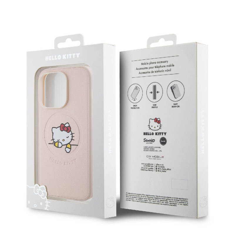 Apple iPhone 15 Pro Kılıf Hello Kitty Orjinal Lisanslı Magsafe Şarj Özellikli Baskı Logolu Uyuyan Kitty Deri Kapak - 8