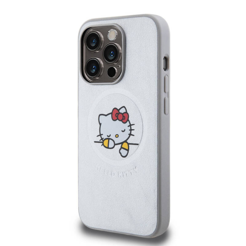 Apple iPhone 15 Pro Kılıf Hello Kitty Orjinal Lisanslı Magsafe Şarj Özellikli Baskı Logolu Uyuyan Kitty Deri Kapak - 10