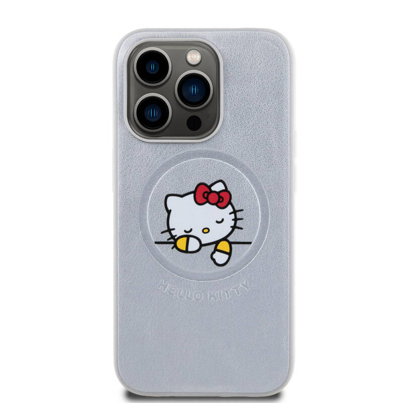 Apple iPhone 15 Pro Kılıf Hello Kitty Orjinal Lisanslı Magsafe Şarj Özellikli Baskı Logolu Uyuyan Kitty Deri Kapak - 11