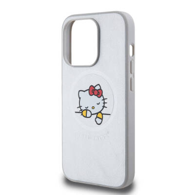 Apple iPhone 15 Pro Kılıf Hello Kitty Orjinal Lisanslı Magsafe Şarj Özellikli Baskı Logolu Uyuyan Kitty Deri Kapak - 14