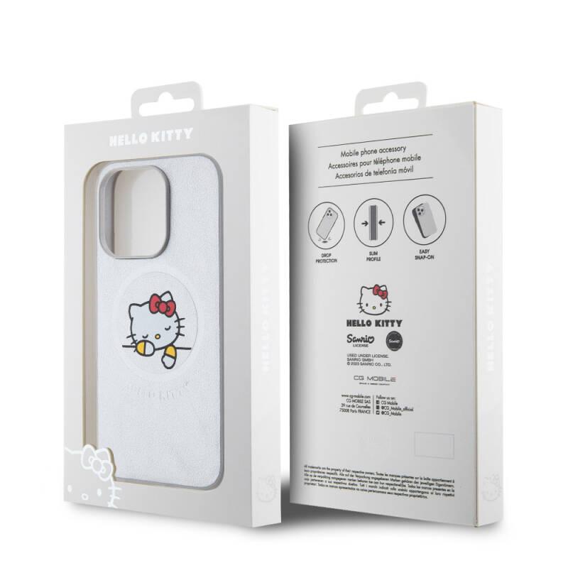 Apple iPhone 15 Pro Kılıf Hello Kitty Orjinal Lisanslı Magsafe Şarj Özellikli Baskı Logolu Uyuyan Kitty Deri Kapak - 16