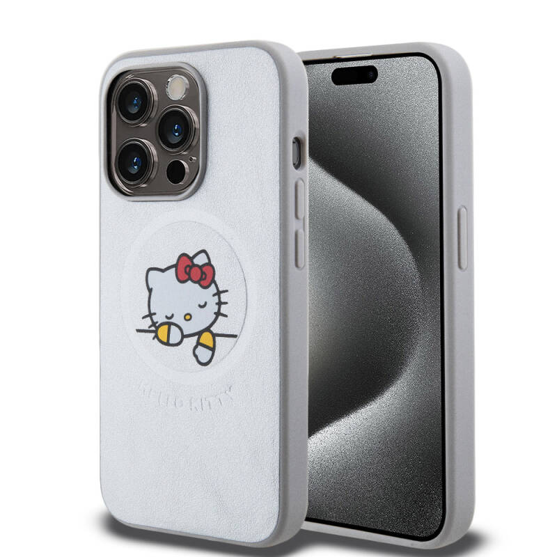 Apple iPhone 15 Pro Kılıf Hello Kitty Orjinal Lisanslı Magsafe Şarj Özellikli Baskı Logolu Uyuyan Kitty Deri Kapak - 17