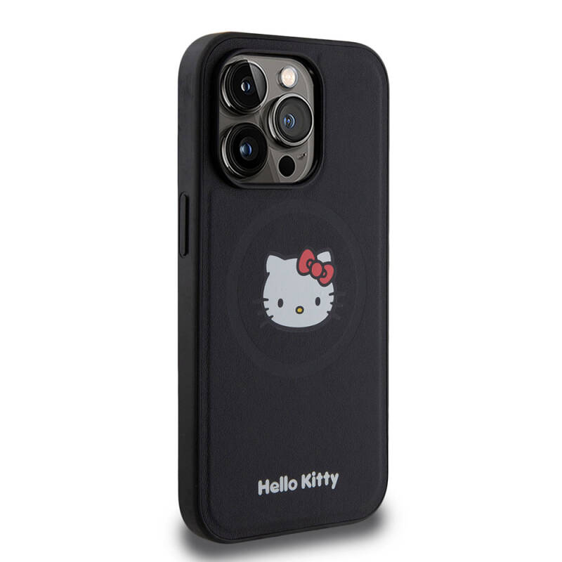Apple iPhone 15 Pro Kılıf Hello Kitty Orjinal Lisanslı Magsafe Şarj Özellikli Kitty Head Deri Kapak - 12