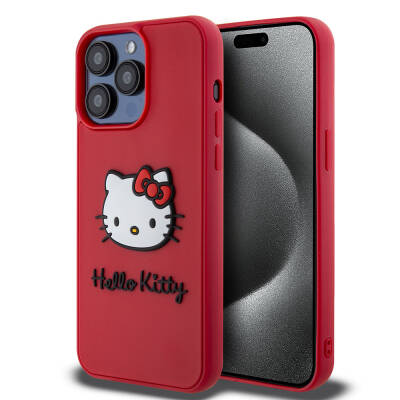 Apple iPhone 15 Pro Kılıf Hello Kitty Orjinal Lisanslı Yazı ve İkonik Logolu 3D Rubber Kitty Head Kapak - 1