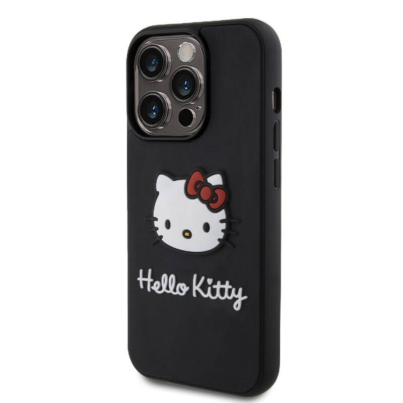 Apple iPhone 15 Pro Kılıf Hello Kitty Orjinal Lisanslı Yazı ve İkonik Logolu 3D Rubber Kitty Head Kapak - 11
