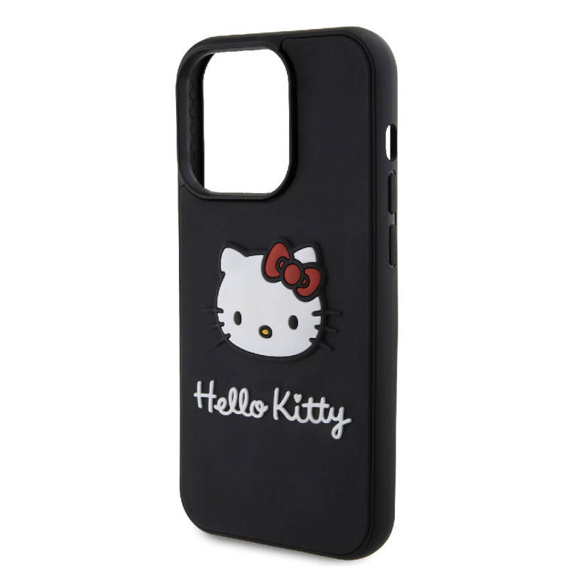 Apple iPhone 15 Pro Kılıf Hello Kitty Orjinal Lisanslı Yazı ve İkonik Logolu 3D Rubber Kitty Head Kapak - 15