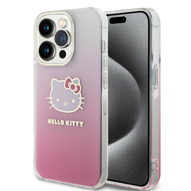 Apple iPhone 15 Pro Kılıf Hello Kitty Orjinal Lisanslı Yazı ve İkonik Logolu Elektroplating Kaplama Gradyan Kapak - 1