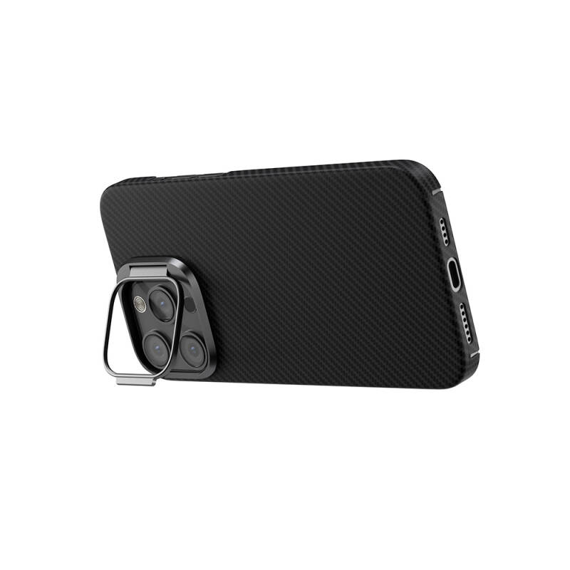 Apple iPhone 15 Pro Kılıf M-safe Şarj Özellikli 600D Zore Krek Karbon Standlı Kapak - 9