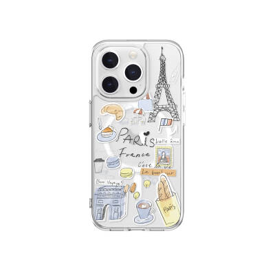 Apple iPhone 15 Pro Kılıf Magsafe Şarj Özellikli Çizim Desenli Şok Önleyicili Şeffaf Lisanslı Switcheasy City-M Paris Kapak - 1