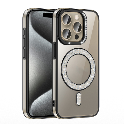 Apple iPhone 15 Pro Kılıf Pırlanta Taş Tasarımlı M-safe Şarj Özellikli Zore Karetta Silikon Kapak - 14