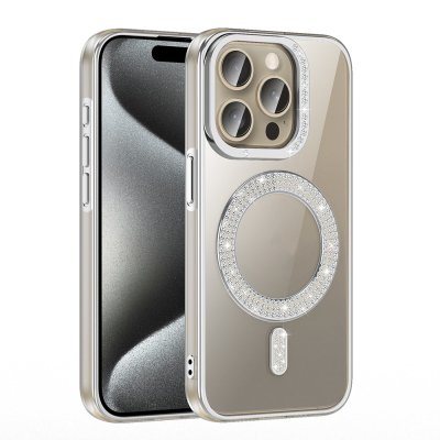 Apple iPhone 15 Pro Kılıf Pırlanta Taş Tasarımlı M-safe Şarj Özellikli Zore Karetta Silikon Kapak - 16