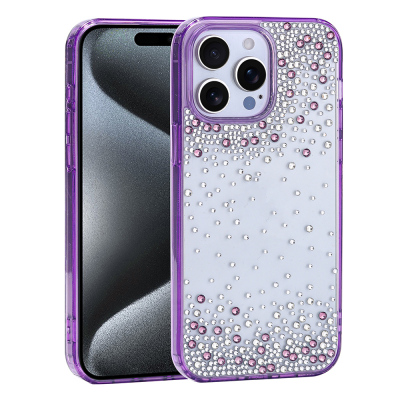 Apple iPhone 15 Pro Max Case Airbag Design Drop Stone Embellished Transparent Zore Pera Silicone Cover - 3