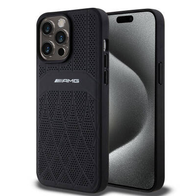 Apple iPhone 15 Pro Max Case AMG Original Licensed Magsafe Charging Feature Perforated Leather Curved Striped Cover - 1