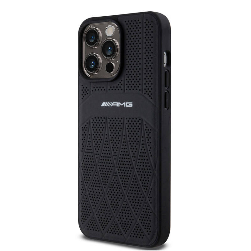 Apple iPhone 15 Pro Max Case AMG Original Licensed Magsafe Charging Feature Perforated Leather Curved Striped Cover - 2