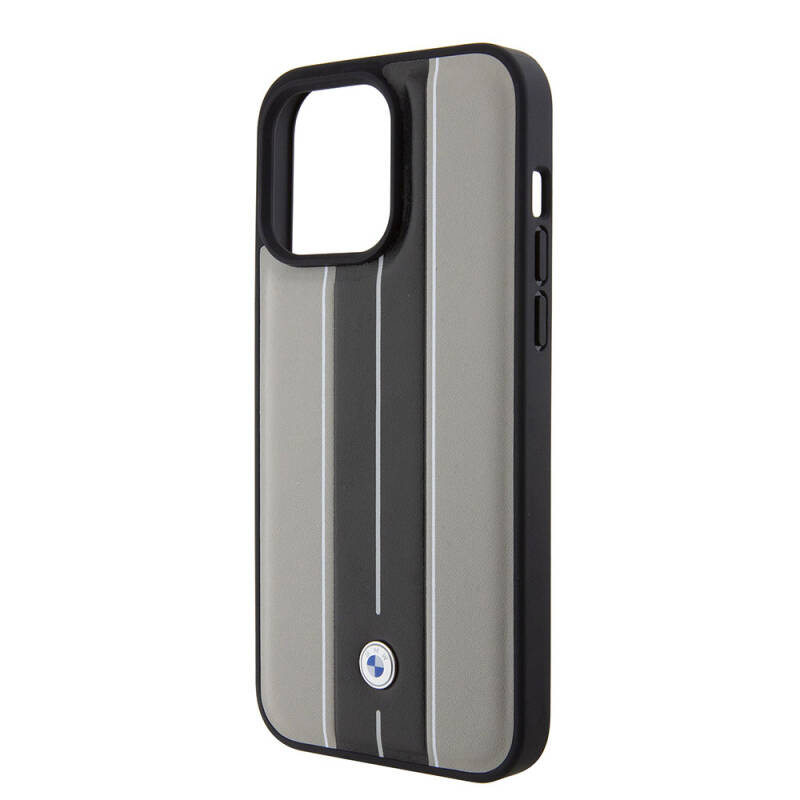 Apple iPhone 15 Pro Max Case BMW Original Licensed Leather Back Surface Metal Logo Double Stripe Design Cover - 6