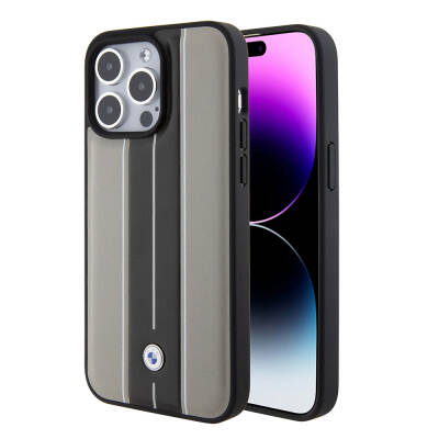 Apple iPhone 15 Pro Max Case BMW Original Licensed Leather Back Surface Metal Logo Double Stripe Design Cover - 8