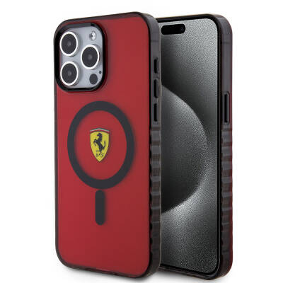 Apple iPhone 15 Pro Max Case Ferrari Original Licensed Magsafe Charging Feature Serrated Edge Design Centered Logo Cover - 18