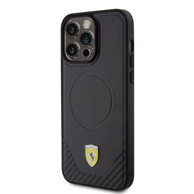 Apple iPhone 15 Pro Max Case Ferrari Original Licensed PU Carbon Metal Logo Magsafe Charge Feature Cover - 11