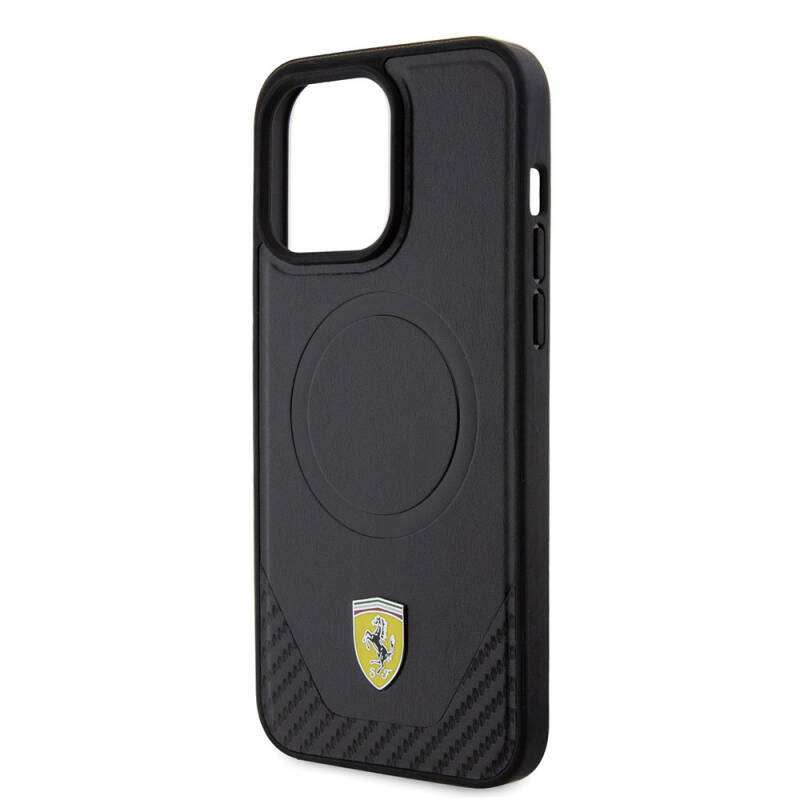 Apple iPhone 15 Pro Max Case Ferrari Original Licensed PU Carbon Metal Logo Magsafe Charge Feature Cover - 15