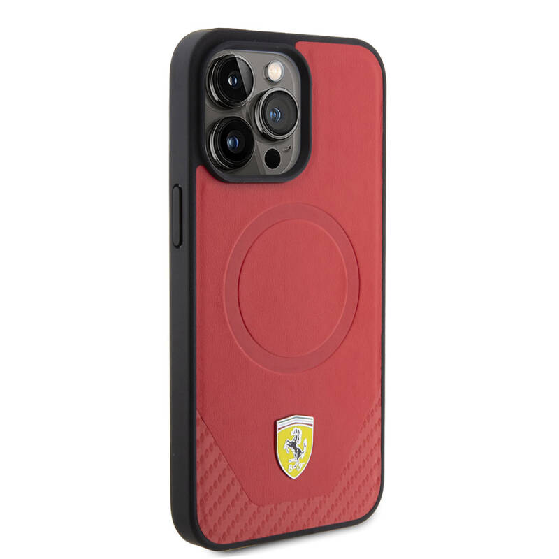 Apple iPhone 15 Pro Max Case Ferrari Original Licensed PU Carbon Metal Logo Magsafe Charge Feature Cover - 5