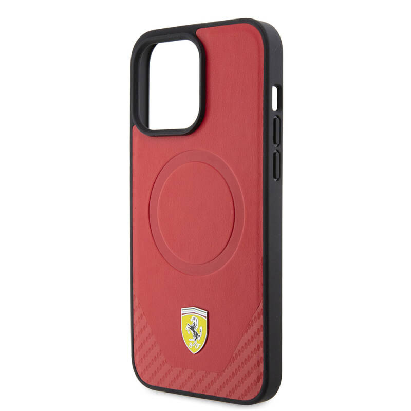 Apple iPhone 15 Pro Max Case Ferrari Original Licensed PU Carbon Metal Logo Magsafe Charge Feature Cover - 7
