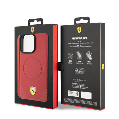 Apple iPhone 15 Pro Max Case Ferrari Original Licensed PU Carbon Metal Logo Magsafe Charge Feature Cover - 9