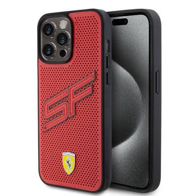  Apple iPhone 15 Pro Max Case Ferrari Original Licensed PU Perforated Back Surface Metal Logo Stitched Large SF Lettering Cover - 1