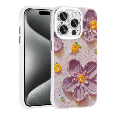 Apple iPhone 15 Pro Max Case Flower Patterned Shiny Stone Hard Silicone Zore Garden Cover - 2