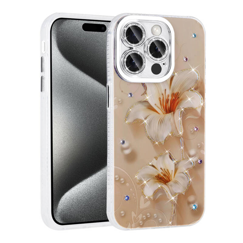 Apple iPhone 15 Pro Max Case Flower Patterned Shiny Stone Hard Silicone Zore Garden Cover - 6