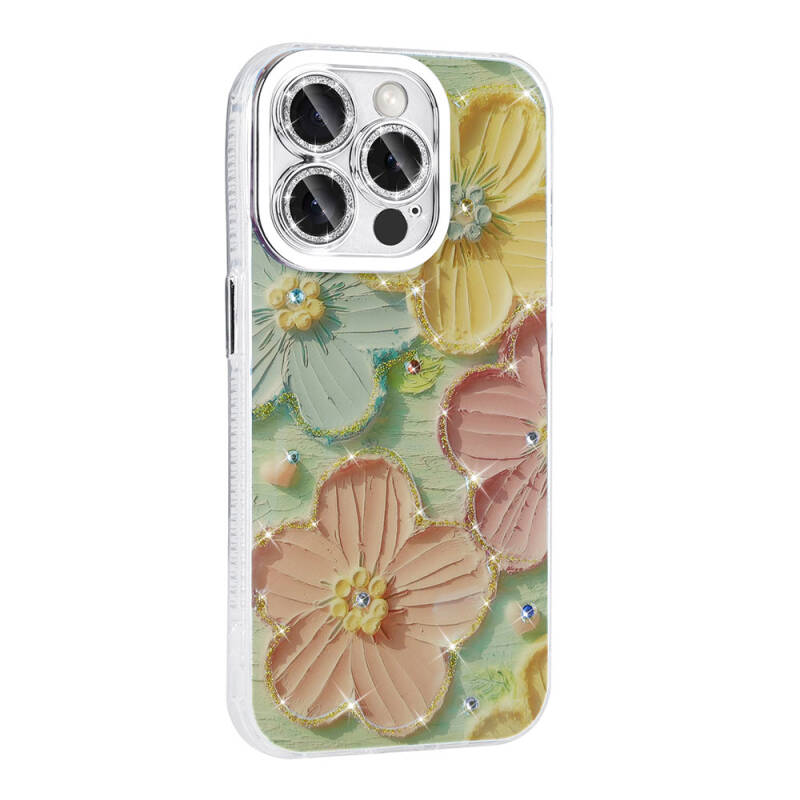 Apple iPhone 15 Pro Max Case Flower Patterned Shiny Stone Hard Silicone Zore Garden Cover - 10