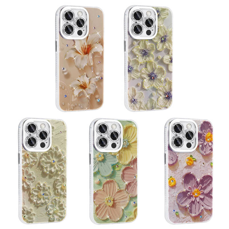 Apple iPhone 15 Pro Max Case Flower Patterned Shiny Stone Hard Silicone Zore Garden Cover - 17