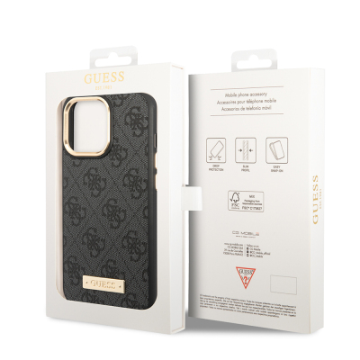 Apple iPhone 15 Pro Max Case Guess Original Licensed M-safe Charging Feature 4G Patterned PU Metal Plate Classic Logo Cover - 16
