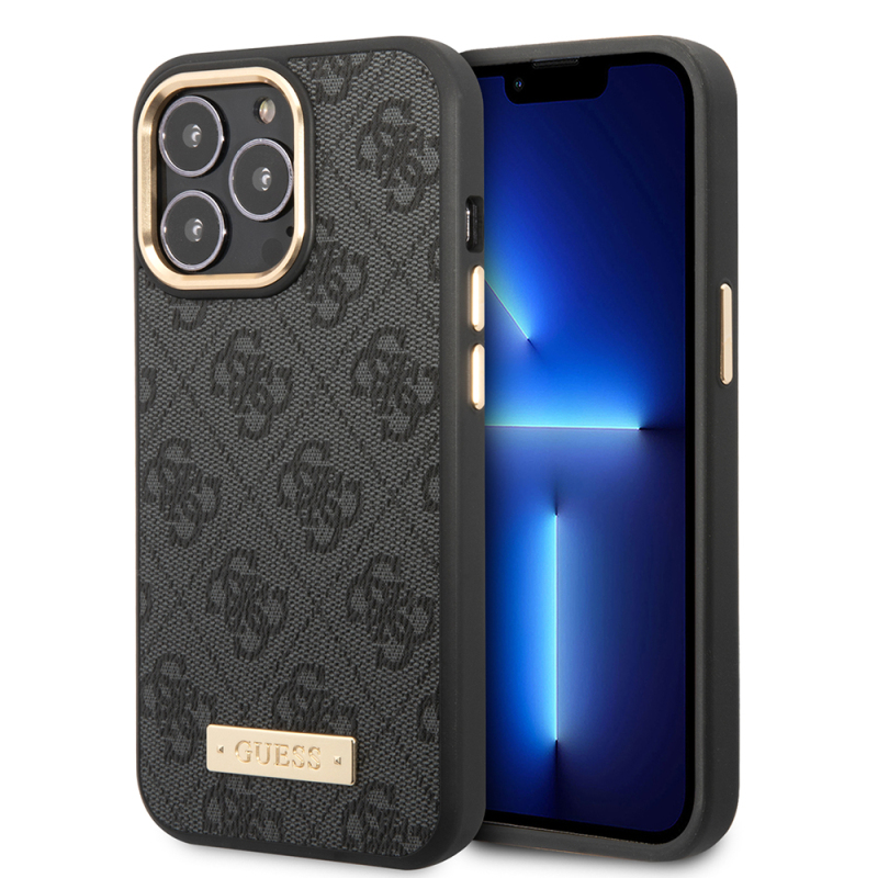Apple iPhone 15 Pro Max Case Guess Original Licensed M-safe Charging Feature 4G Patterned PU Metal Plate Classic Logo Cover - 1