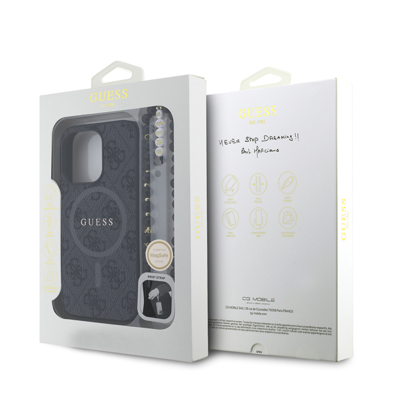 Apple iPhone 15 Pro Max Case Guess Original Licensed M-safe Charging Feature PU Leather Wrist Strap Rope Cover Text Logo - 25