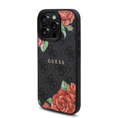 Apple iPhone 15 Pro Max Case Guess Original Licensed Magsafe Charging Feature Rose Printed 4G Patterned Text Logo Cover - 4