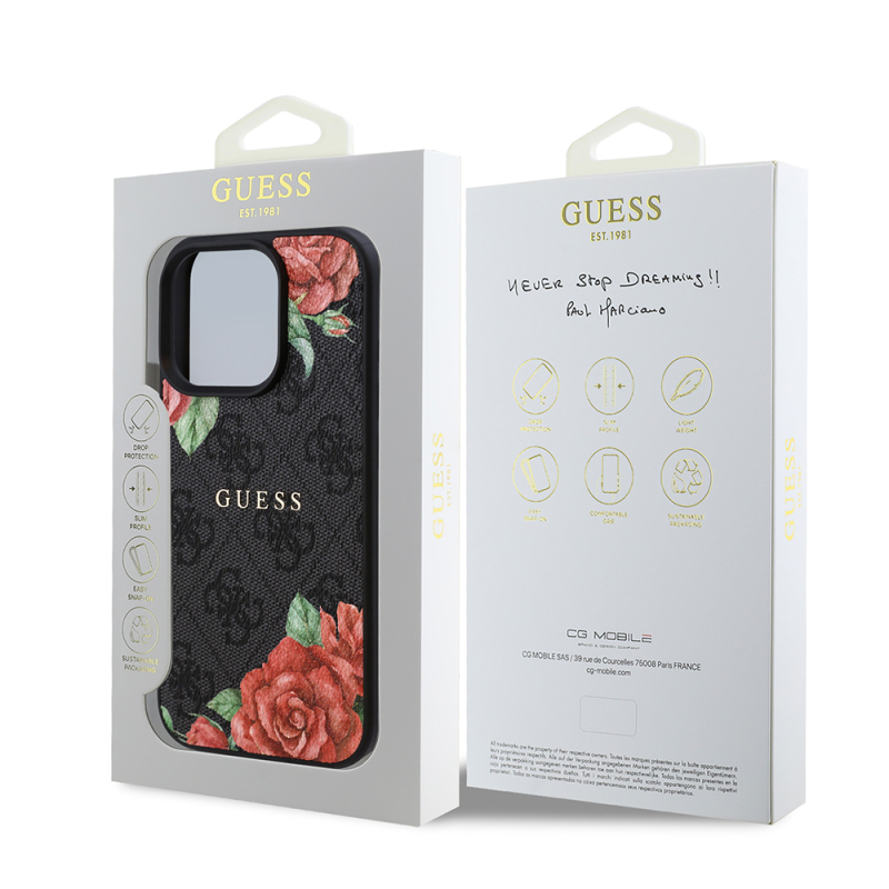 Apple iPhone 15 Pro Max Case Guess Original Licensed Magsafe Charging Feature Rose Printed 4G Patterned Text Logo Cover - 10