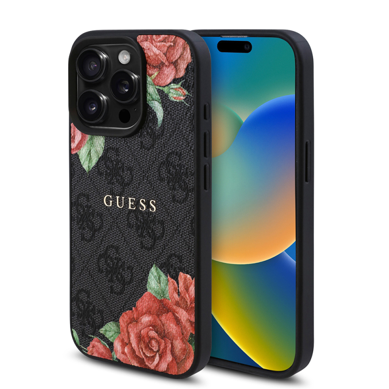 Apple iPhone 15 Pro Max Case Guess Original Licensed Magsafe Charging Feature Rose Printed 4G Patterned Text Logo Cover - 2