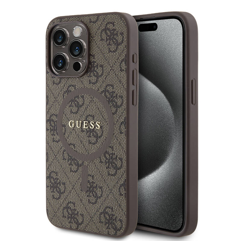 Apple iPhone 15 Pro Max Case Guess Original Licensed Magsafe Charging Featured PU Ring 4G Patterned Text Logo Cover - 10