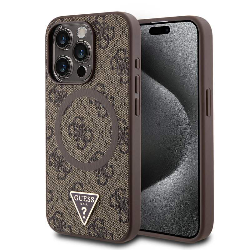 Apple iPhone 15 Pro Max Case Guess Original Licensed Magsafe Charging Featured PU Triangle Logo 4G Patterned Cover - 1