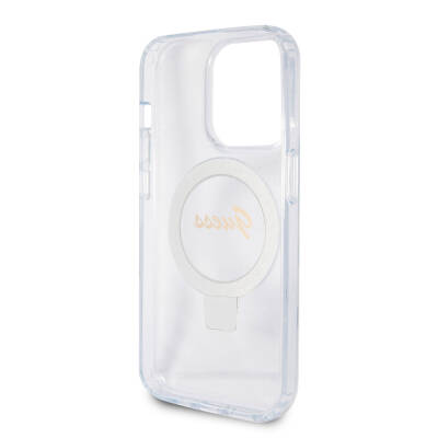 Apple iPhone 15 Pro Max Case Guess Original Licensed Magsafe Charging Featured Silvery Back Surface Ring Stand Cover - 24