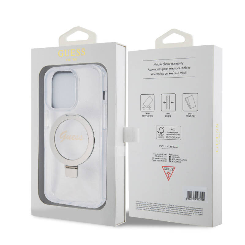 Apple iPhone 15 Pro Max Case Guess Original Licensed Magsafe Charging Featured Silvery Back Surface Ring Stand Cover - 25